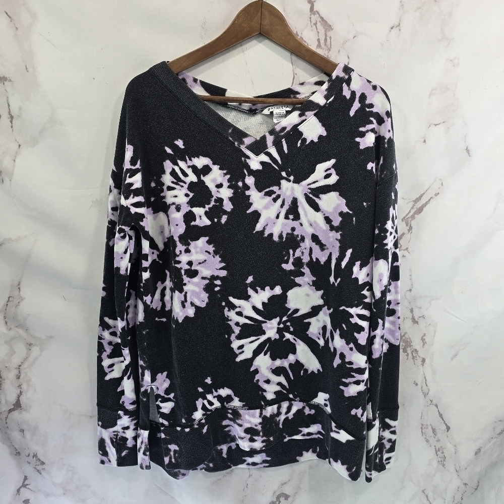 Athleta Sweatshirt Womens Small T Purple Coaster Luxe Printed V Neck Tie Dye